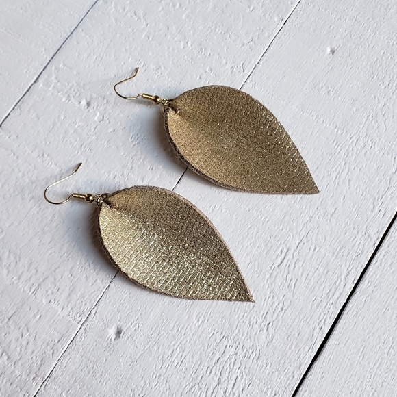 2 Inch | Gold Petal Leather Earrings - Picture 2 of 8